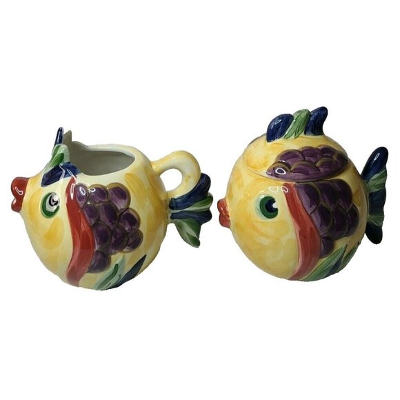 Tabletops Gallery Under The Sea Fish Shaped Creamer And Sugar Bowl Set Ceramic - Picture 1 of 12